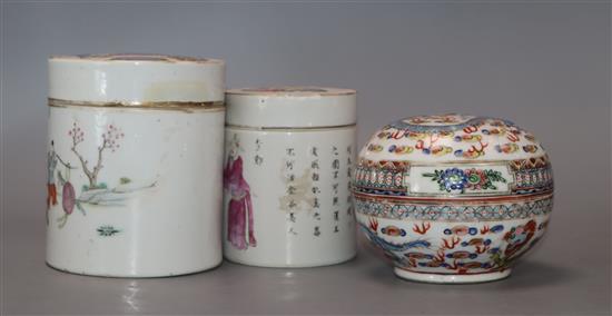 Two Chinese famille rose lidded pots and a circular pot